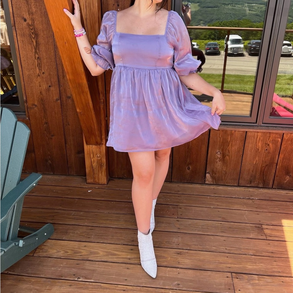 Sheer Iridescent Babydoll Dress with Organza Puff Sleeves